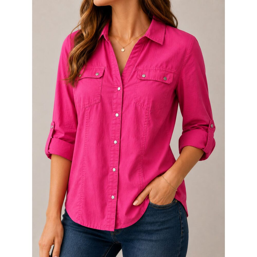CJ Banks Pink Stretch Button Front Utility Shirt Womens Size X Plus 3/4 Sleeve